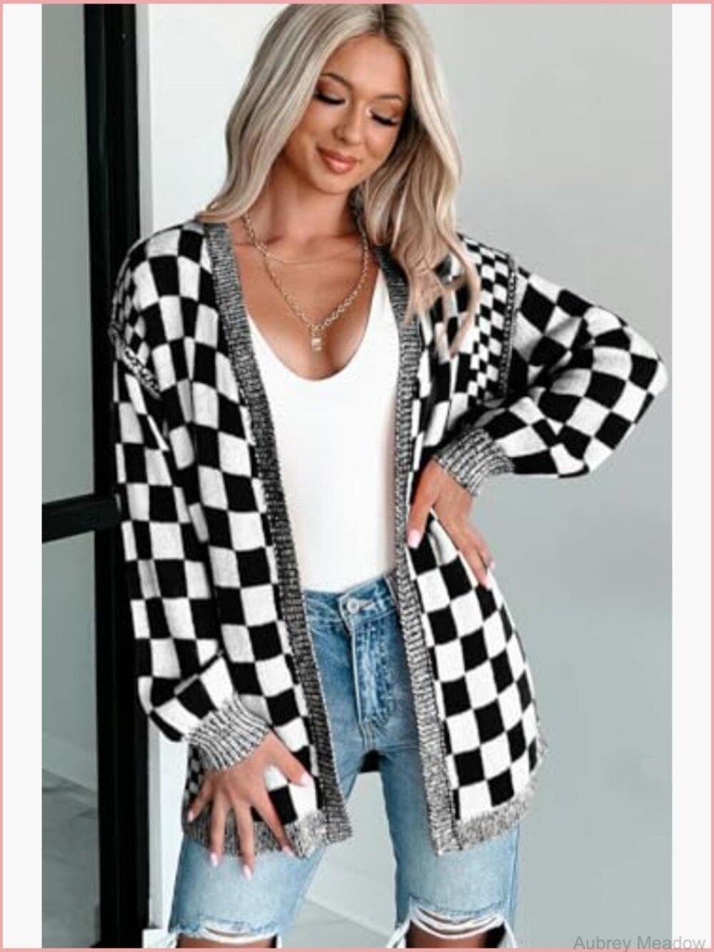 Womens Casual Fall Cardigan Sweater Open Front Chunky Knit Checkered Outwear - Picture 3 of 3